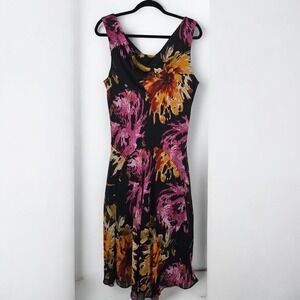 Signature by Robbie Bee Midi Dress Woman Size 14 Black Floral Print V Neck Lined